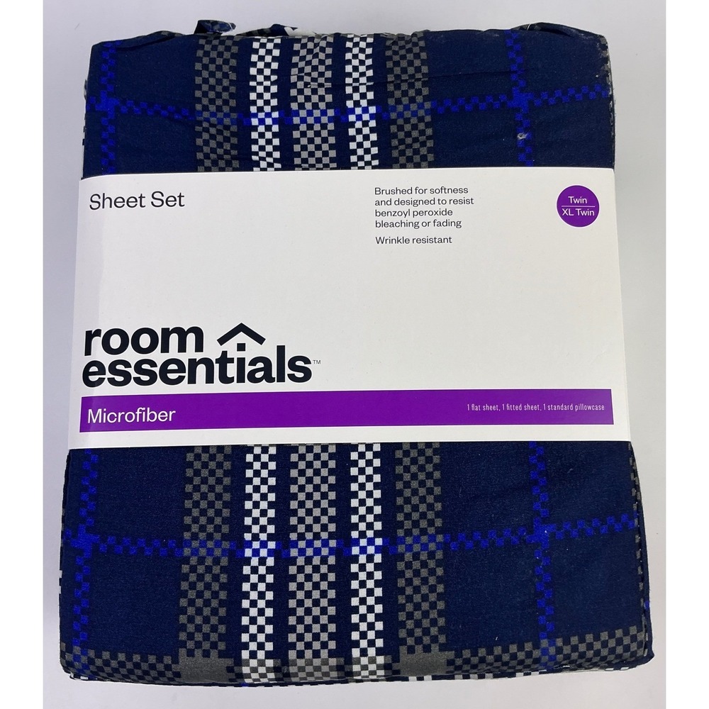 Room Essentials‎ Microfiber Sheet Set Twin XL Blue Gray Plaid Wrinkle Resistant